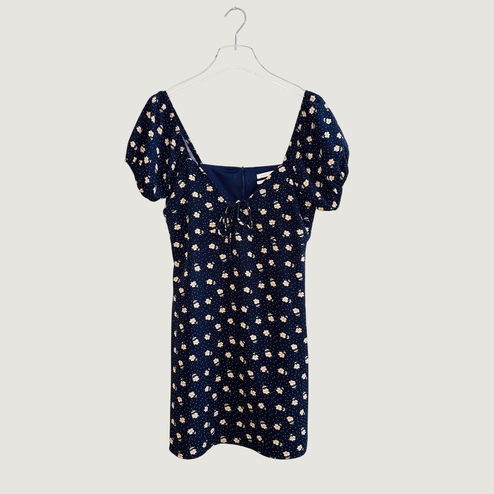 Urban Outfitters Navy Blue Floral Polka Dot Tie Front Puff Sleeve Mini Dress M